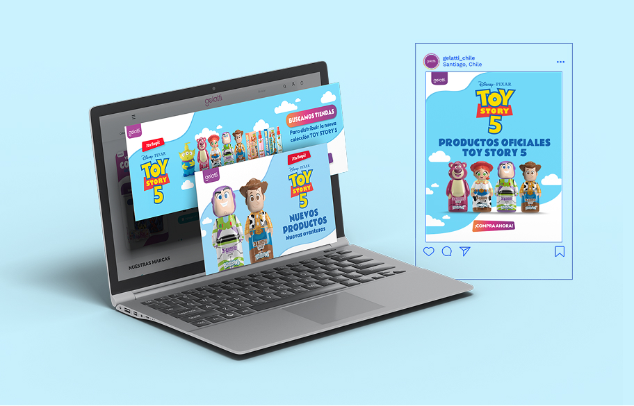 Aplicaciones de la campaña Toy Story 5 en sitio web y redes sociales