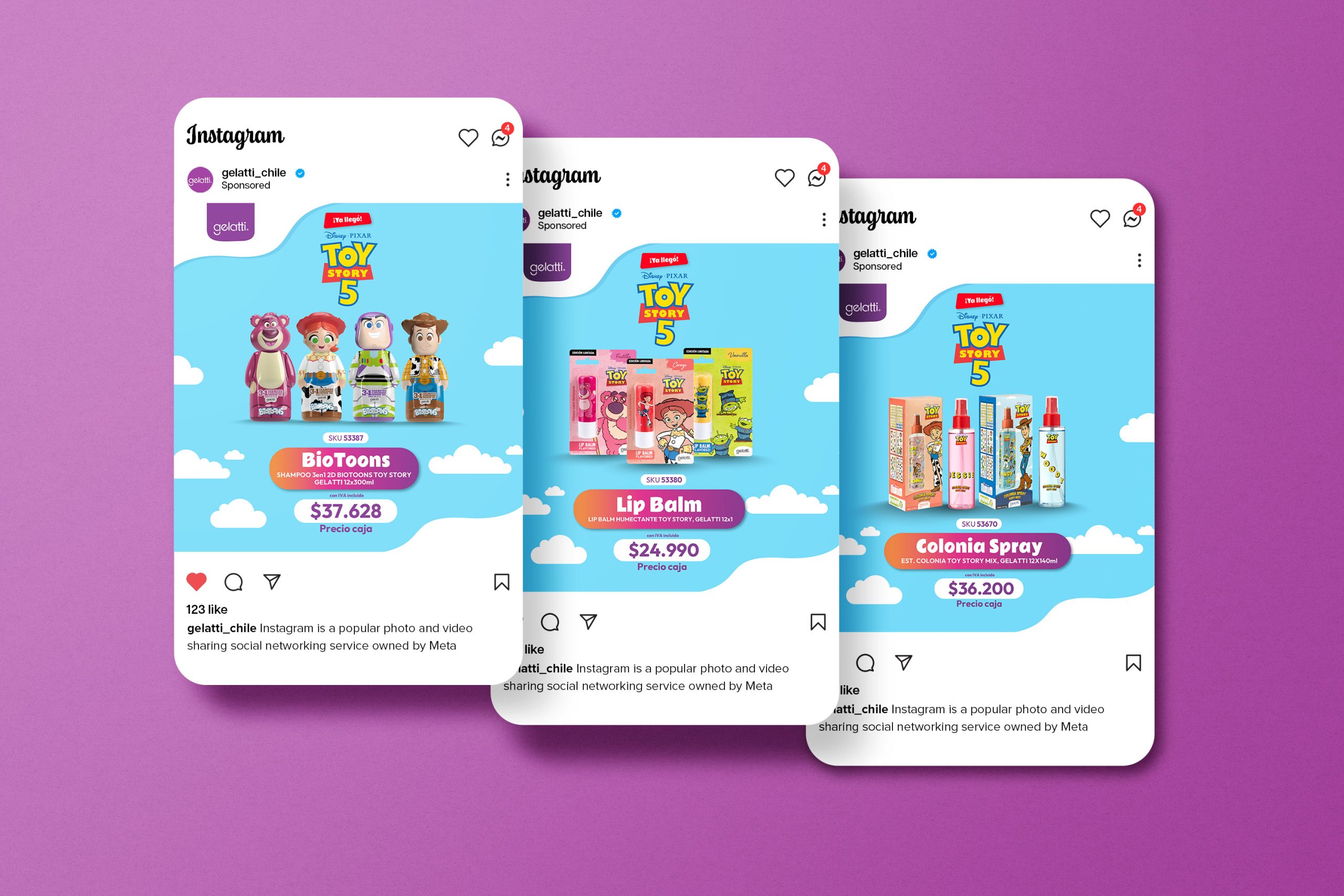 Anuncios de BioToons, Lip Balm y Colonia Spray en Instagram
